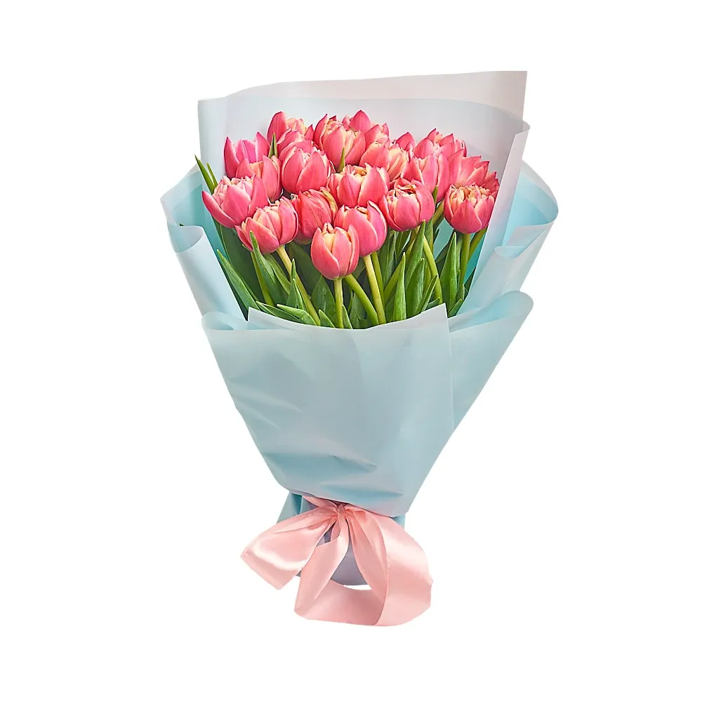 Букет из 25 пионовидных ярко розовых тюльпанов